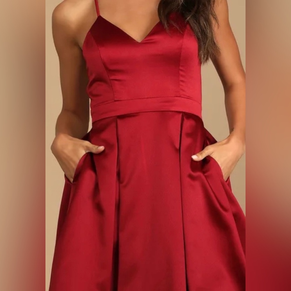 Red Satin A-Line Spaghetti Strap Dress